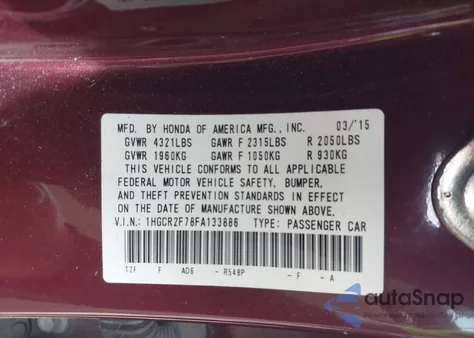 2015 Honda Accord Ex from USA, damaged, VIN 1HGCR2F78FA133886